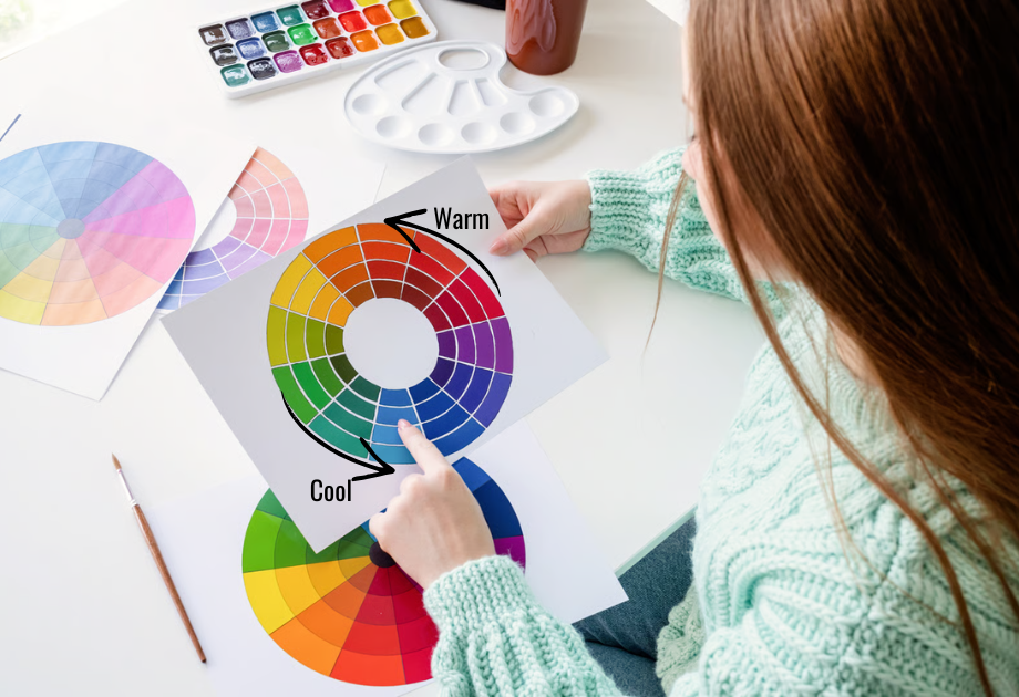 woman holding paper with a color wheel that indicates cool and warm tones